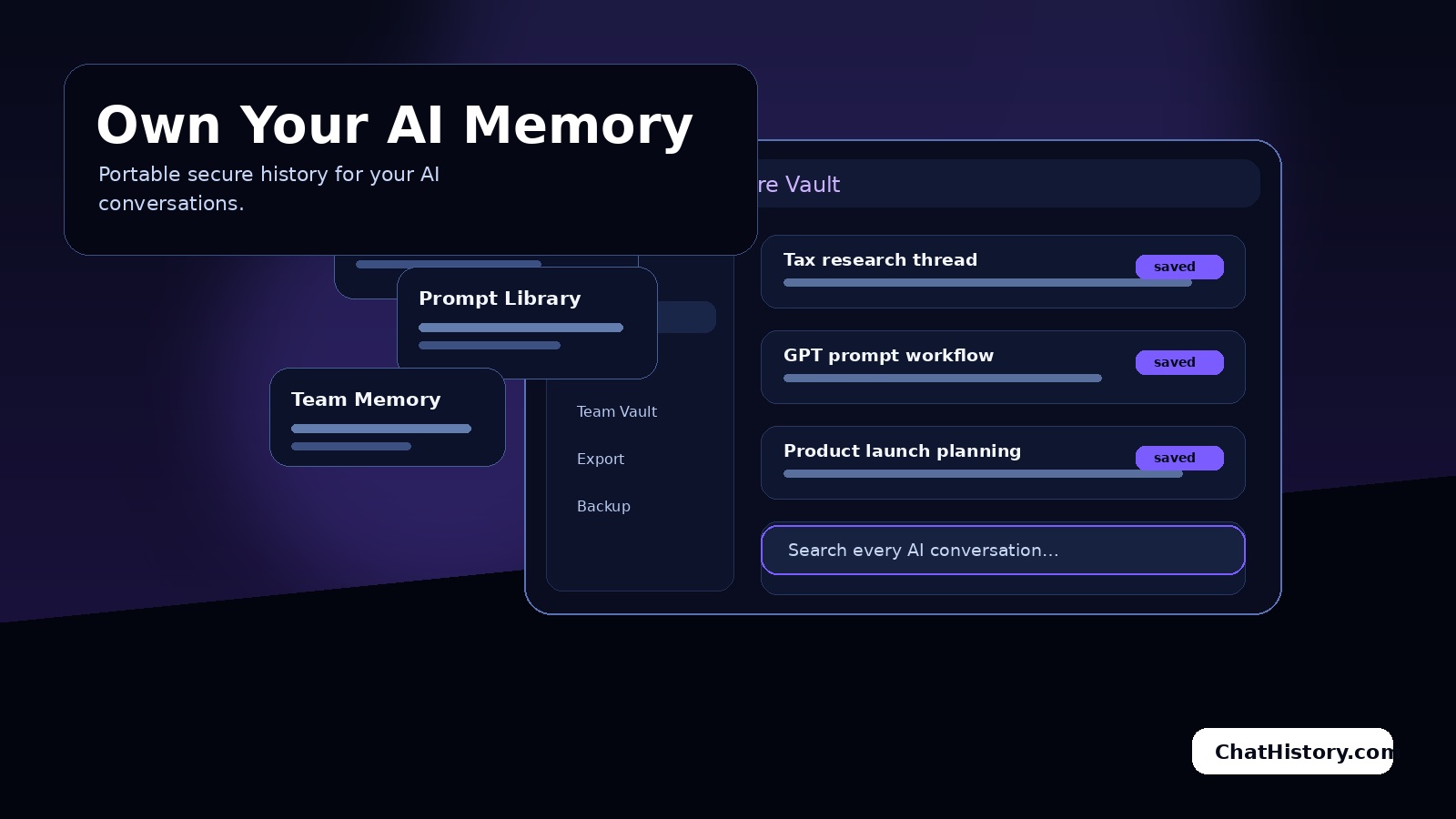 Premium AI memory dashboard for secure chat history backups