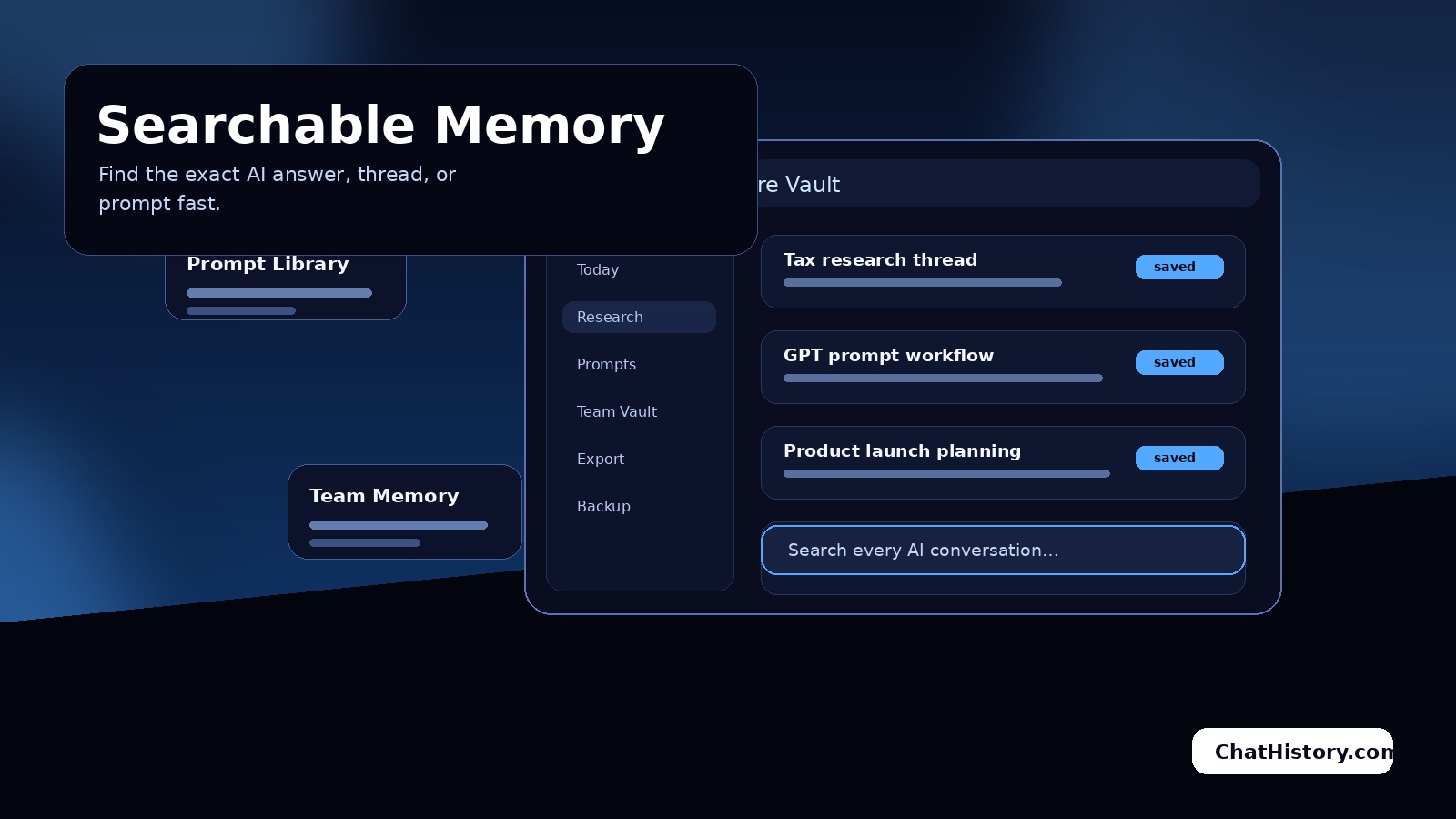 Searchable AI memory dashboard scene